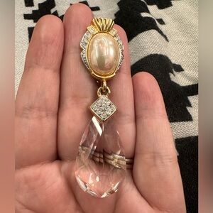 Vintage Oversize Faux Pearl Dangle Drop PIN Brooch Statement CRAFT Rhinestone